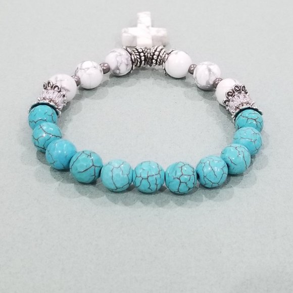 Feel Good™ - 8” Elastic - Crown Muse Bracelet - Turquoise & White Malachite - Picture 6 of 11